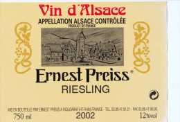 ETIQUETTE NEUVE VIN ALSACE RIESLING 2002 PREISS à Riquewhir - Riesling