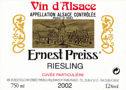 ETIQUETTE NEUVE VIN ALSACE RIESLING Cuvée Particulière 2002 PREISS à Riquewhir - Riesling