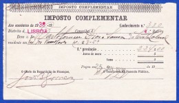 1938 - IMPOSTO COMPLEMENTAR - REPARTIÇÃO DISTRITAL DE FINANÇAS LISBOA, 25.JANEIRO.1938 - Portugal