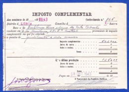 1943 - IMPOSTO COMPLEMENTAR - REPARTIÇÃO DISTRITAL DE FINANÇAS LISBOA, 18.OUTUBRO.1943 - Portugal