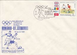 SOCCER, ROMANIA-GERMANY GAME, OLYMPIC TOURNAMENT QUALIFIERS, SPECIAL COVER, 1987, ROMANIA - Lettres & Documents