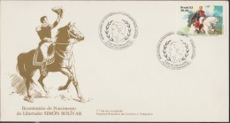 O) 1983 BRAZIL, SIMON BOLIVAR BICENTENARY OF HIS BIRTH, HORSE PALOMO, FDC XF - FDC