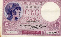 Cinq Francs Violet AF . 26 - 10 - 1939 - AF - 5 F 1917-1940 ''Violet''