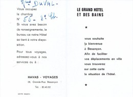 Carte De Visite Le Grand Hôtel Et Des Bains, Besançon, 1967 - Visiting Cards