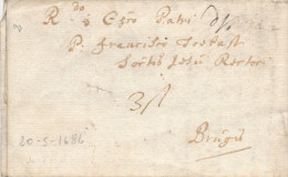 621/23 - Lettre PRECURSEUR YPRES 1686 Vers BRUGES - RARE Deux Ports Encre 3 Stuyvers Et 10 Deniers - Texte Latin - 1621-1713 (Spanische Niederlande)