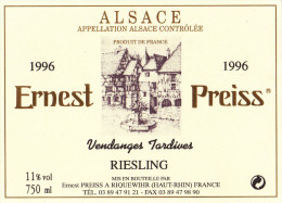 ETIQUETTE NEUVE VIN ALSACE RIESLING "vendanges Tardives" 1996 PREISS à Riquewhir - Riesling