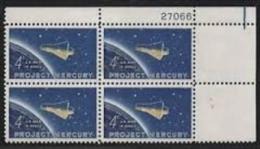 Plate Block - 1962 USA Project Mercury Stamp Sc#1193 Space Globe Astronomy - Plattennummern