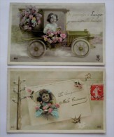 80  -2 Cartes Fantaisies - De Passage à LONGUEAU - LONGO - Mille Baisers- Mille Caresses -fillette-auto Ancienne-fleurs - Longueau