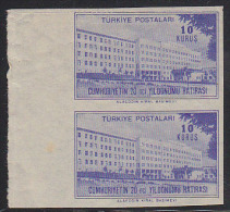 Turkey 1943 10k Hospital Imperforate Pair. Scott 925. MNH. - Unused Stamps