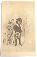 Cpa Photo Montage Surrealisme Garcon Et Litho Chien Caniche Debout Humanisé Voyagé 1907 Le Touret - Animales Vestidos