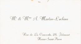 Ancienne Carte De Visite De M. Et Mme A. Marlière-Lechien, Rue De La Concorde, Jolimont Haine-Saint-Pierre (vers 1935) - Visiting Cards