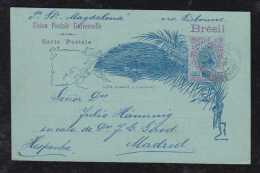 Brazil Brasil 1896 Stationery Card 80R Madrugada BAHIA To MADRID Spain - Storia Postale
