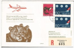 SUIZA CC CERTIFICADA PRIMER VUELO ZURICH GENEVE JOHANNESBURG 1968 AL DORSO LLEGADA - Erst- U. Sonderflugbriefe