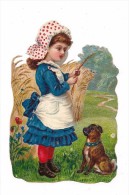 CHROMO DECOUPI  GAUFFRE PETITE FILLE CHIEN - CHAMP DE BLE ET COQUELICOTS BLEUETS - - Enfants