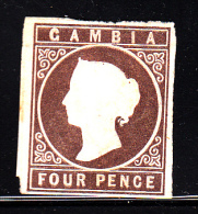 Gambia Unused Scott #1 4p Victoria, Imperf - Hinge Remnant, Thin - Gambia (...-1964)