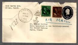 Etats Unis Lettre EP Entier Postal Air Mail CAD Fresno 11-01-1952 / Tp 377 & 390 Pour Dr Cordier ONU Paris - 1941-60