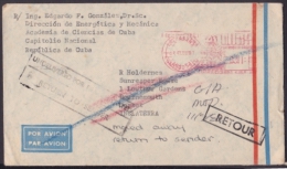 FM-41 CUBA FRANQUEO MECANICO 1983. LA HABANA. PERMISO 5510. SOBRE LA ACADEMIA DE CIENCIAS A INGLATERRA. RETORNADO. - Storia Postale