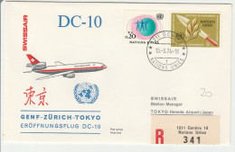 Genève ONU UNO Tokyo 1974 - Swissair DC 10 - 1er Vol Erstflug Inaugural Flight Primo Volo - Japan Japon Tokio Suisse - Storia Postale