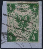 Lübeck Nr. 5 - 4 Shilling Grün - Doppelentwertung Orts- Und Balkenstempel Auf Briefstück - Lübeck