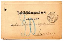 Markenlose Vollzogene Post-Zustellungsurkunde FÜRTH 17. SEP 1889 Nach NÜRNBERG - Cartas & Documentos