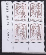 = Marianne Et La Jeunesse Gommées X 4 Faciale 0.10€ N°4765 Coin De Feuille Daté 11.03.14 TD 205 1523123 Ciappa Et Kawena - 2010-2019