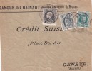 1892 BELGIQUE DEVANT DE LETTRE. BANQUE DU HAINAUT A MONS.  1F15c. 3 COULEURS.  MONS A GENEVE/ 7185 - 1863-09