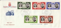 Monaco FDC, Sc#366-370, Prince Grace & Prince Rainier III 1956 Issue, 1- 2- 3- 5- And 15-Fr Issues On First Day Cove - Lettres & Documents
