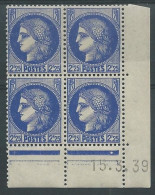 1939 - YVERT N°374 EN BLOC DE 4 COIN DATE * (CHARNIERE LEGERE SUR 1 TIMBRE) - COTE = 100 EURO - CERES - 1930-1939