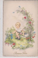 ILLUSTR. Gamin Assis Dans Jardin En Fleurs  " BONNE FETE " - Contemporain (à Partir De 1950)