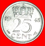* PORTRAIT LEFT: NETHERLANDS ★ 25 CENTS 1948! WILHELMINA (1890-1948) LOW START★NO RESERVE! - 25 Cent