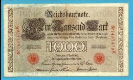 GERMANY - 1000 MARK - 1910 - Pick 44.b - 7 Digit RED SEAL - ( 189 X 109 ) Mm - REICHSBANKNOTE - IMPERIAL BANK NOTES - 1.000 Mark