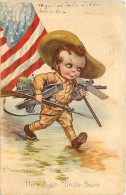 ARRIVO, ZIO SAM. MILITARE IN ERBA CON BANDIERA AMERICANA. CARTOLINA VIAGGIATA 1921 - Castelli