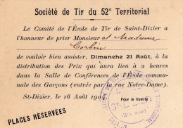 VP2550 - MILITARIA - Carte D´invitation - Société De Tir Du 52e Territorial à SAINT DIZIER - Documents