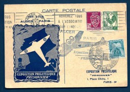 LETTRE D'ALGER POUR FRANCE PAR AVION- ILLUSTRATION EXPOS. PHILATELIQUE "PRISONNIER" STALAG-  1946- 2 SCANS - Luchtpost