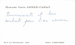 Ancienne Carte De Visite De Mme Louis Gomez-Cahay, Rue De Stembert Verviers (vers 1965) - Visitekaartjes