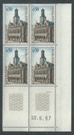 France N° 1499 XX Hôtel De Ville De St Quentin En Bloc De 4 Coin Daté Du 30 . 6 . 67 ; 2 Traits, Sans Charnière, TB - 1960-1969