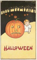 241429-Halloween, Stecher No 57 A, Baby Crawling Up To A Frowning Jack O Lantern, James E Pitts, Embossed Litho - Halloween