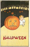 241431-Halloween, Stecher No 57 A, Baby Crawling Up To A Frowning Jack O Lantern, James E Pitts, Embossed Litho - Halloween