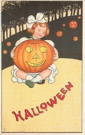 241435-Halloween, Stecher No 57 C, Girl Holding Smiling Jack O Lantern, James E Pitts, Embossed Litho - Halloween