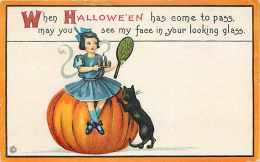 241449-Halloween, Stecher No 63 A, Girl Sitting On Large Pumpkin Holding Mirror, Black Cat, James E Pitts,Embossed Litho - Halloween