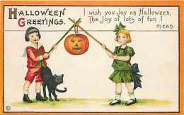 241461-Halloween, Stecher No 63 E, Boy & Girl With JOL On Sticks, Black Cat, James E Pitts, Embossed Litho - Halloween