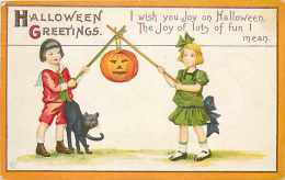 241463-Halloween, Stecher No 63 E, Boy & Girl With JOL On Sticks, Black Cat, James E Pitts, Embossed Litho - Halloween