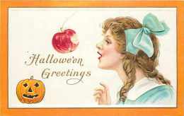 241469-Halloween, Stecher No 80 A, Girl Biting An Apple On A String, Embossed Litho - Halloween