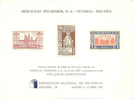 1975-EXPOSICIÓN MUNDIAL DE FILATELIA ESPAÑA'75-TARJETÓN(20X15)1ª EMISIÓN DE CORREOS DE HERACLIO FOUNIER AÑO JUBILAR COMP - Feuillets Souvenir