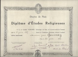 Diplome D'Etudes Religieuses/Cardinal Verdier/Archevêque De Paris/Gournay /1937   DIP43 - Diplomi E Pagelle