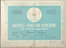 Brevet De Nageur Scolaire/50 Métres Nage Libre/Services D´enseignement/Seine/ 1963   DIP48 - Diplômes & Bulletins Scolaires