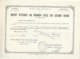 Brevet D´Etudes Du Premier Cycle Du Second Degré/Académie Paris/Seine/Sens / 1963   DIP49 - Diplômes & Bulletins Scolaires