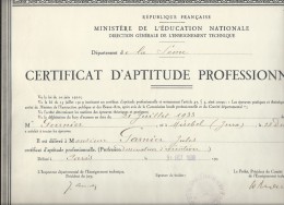 Certificat D´Aptitude Professionnelle /Ministére De L´Education Nationale/ Département De La Seine/Jura /1933  DIP76 - Diplômes & Bulletins Scolaires