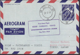 Norway Air Mail Par Avion Luftpost Aerogramme SAS BODØ-FAIRBANKS-TOKIO 1. Flight Cover 1954 !! (2 Scans) - Covers & Documents