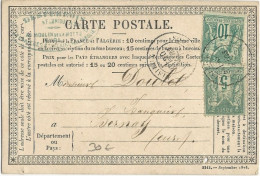 1877 - CARTE PRECURSEUR ENTIER TYPE SAGE MIXTE N/B + N/U De LISIEUX (CALVADOS) Pour BERNAY (EURE) - Tarjetas Precursoras